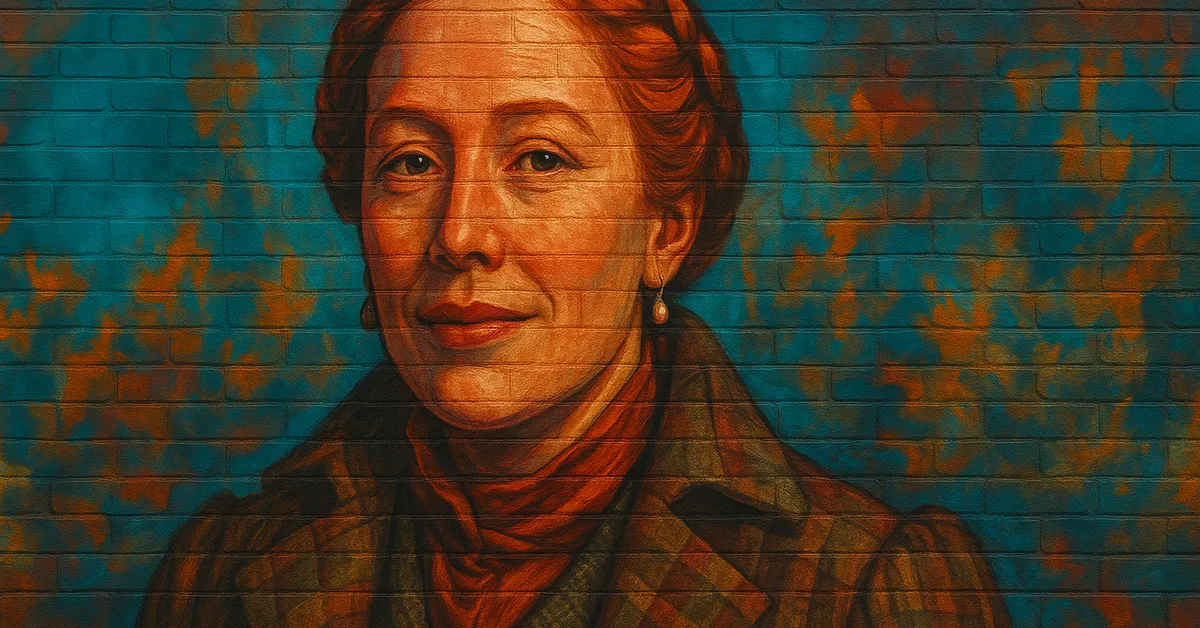 portrait of Bunty Broadacre, a woman with braided reddish-brown hair and a gentle smile wearing a vintage plaid coat, reflecting her role as Newt Scamander's assistant