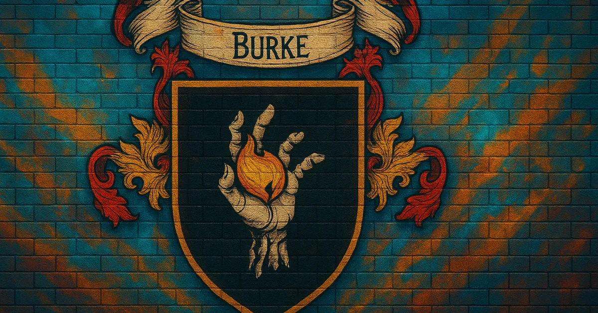 mural of the Burke Family crest, featuring a pale skeletal hand grasping a tongue of fire on a black shield, symbolizing the dark artifacts associated with their lineage