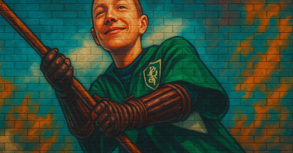 graffiti mural of Cadwallader, a cheerful young wizard in Hufflepuff quidditch robes holding a broomstick with a wide smile against a blue brick background