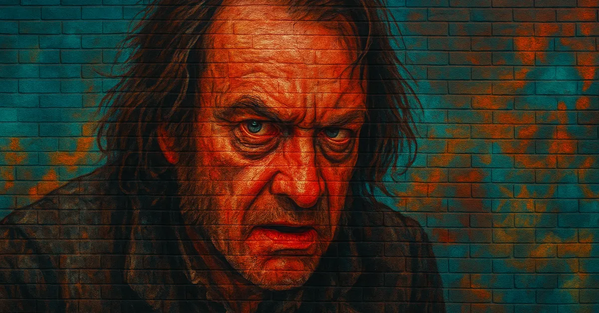 hyper-realistic portrait of Caractacus Burke, an elderly man with oily hair and a greedy, suspicious expression typical of the co-founder of Borgin and Burkes