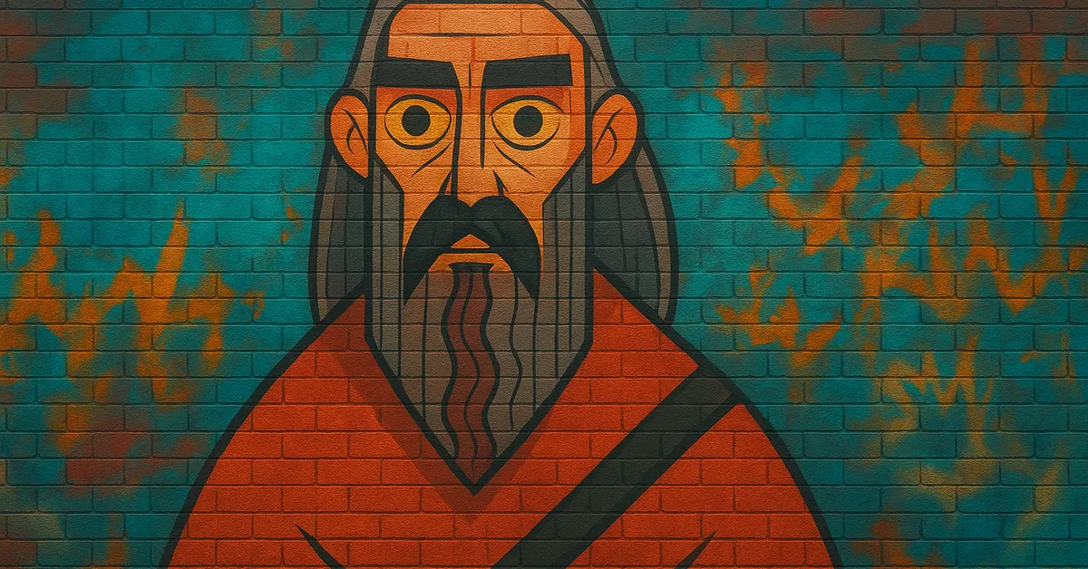 stylized street art of Caradoc Dearborn, a wizard with a thick beard and wide eyes wearing a red robe, depicted in a graphic style representing an original Order member