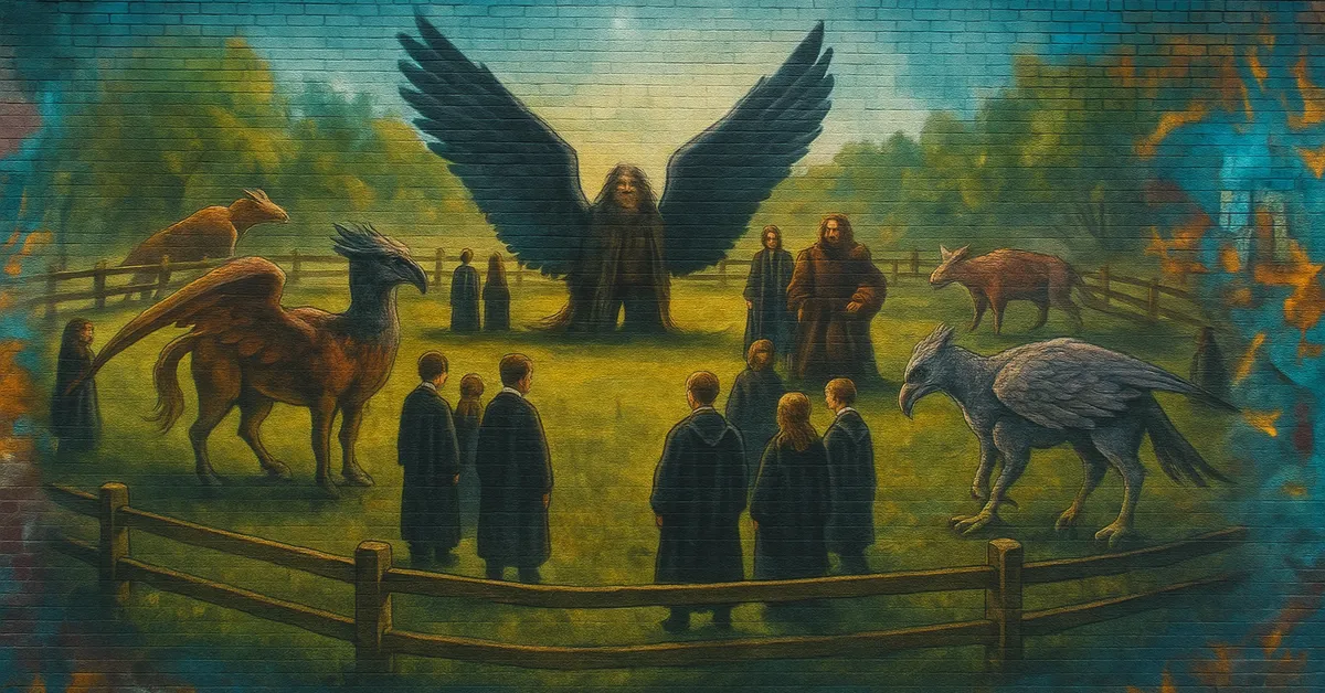 A mural of Care of Magical Creatures class showing Hagrid students hippogriffs and a large winged creature in a grassy paddock with wooden fences