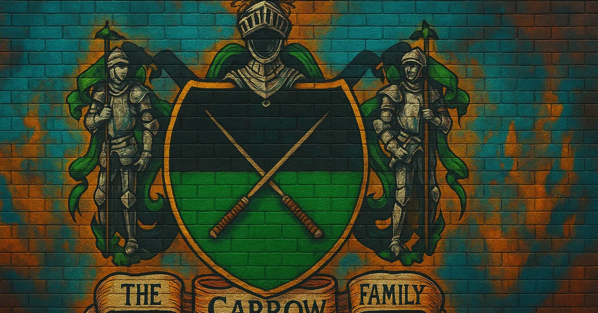 graffiti mural of the Carrow Family crest, featuring two knights flanking a shield with crossed swords on a green and black background painted on a brick wall