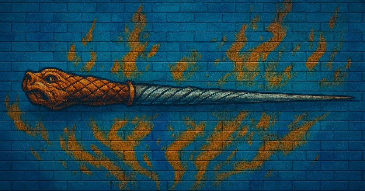 A painted Hogwarts crest on a teal brick wall showing the lion serpent badger and eagle in their house colours with orange flames rising behind it and the large letter H at the centre connecting it clearly to Hogwarts Houses Trivia Quiz