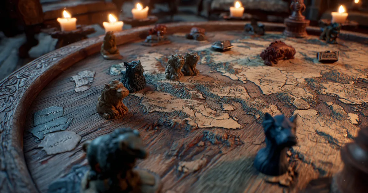 A high-angle view of a carved wooden strategy table covered in a map with markers shaped like wolves lions and dragons used for planning war campaigns