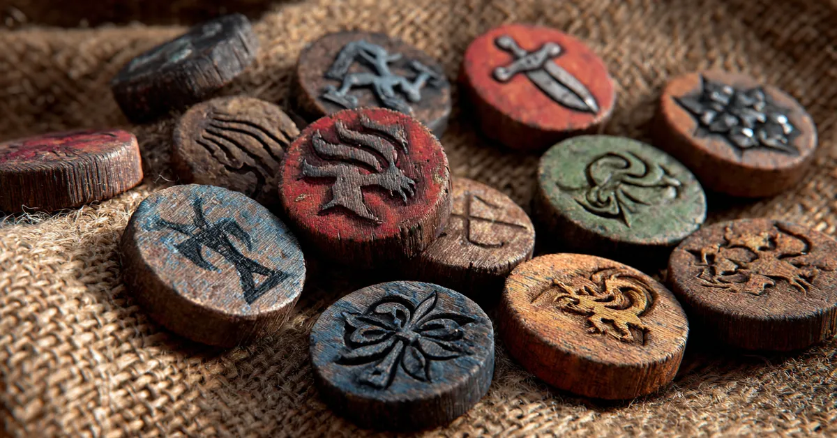 Macro shot of crude wooden tokens carved with wolf dragon and lion symbols resting on coarse burlap resembling ancient game pieces from Westeros