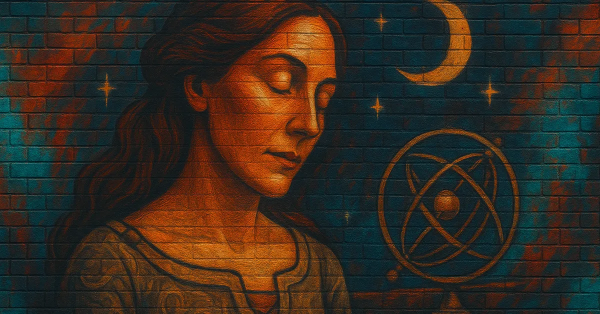 painting of Cassandra Trelawney, a mystical woman with closed eyes and long wavy hair standing next to a golden armillary sphere, representing the famous Seer