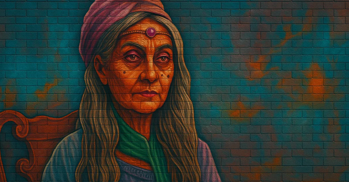 street art of Cassandra Vablatsky, an elderly witch with a turban and a third eye jewel on her forehead looking serious as the author of Unfogging the Future