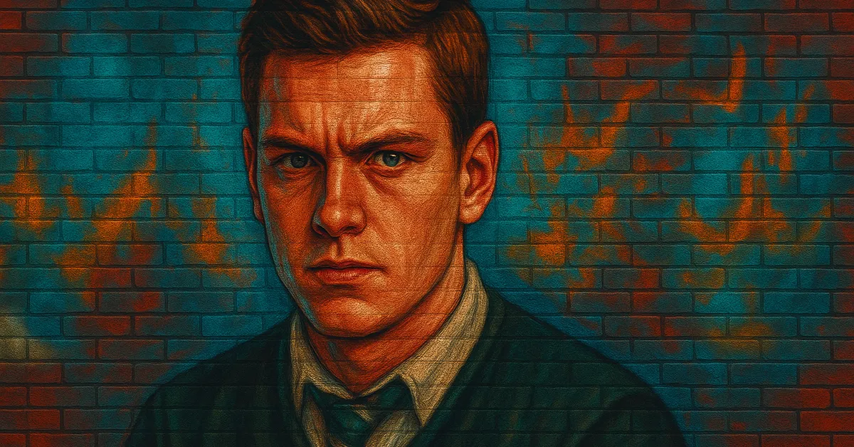 graffiti portrait of Cassius Warrington, a young wizard with a stern expression and heavy brow wearing a Slytherin uniform and tie