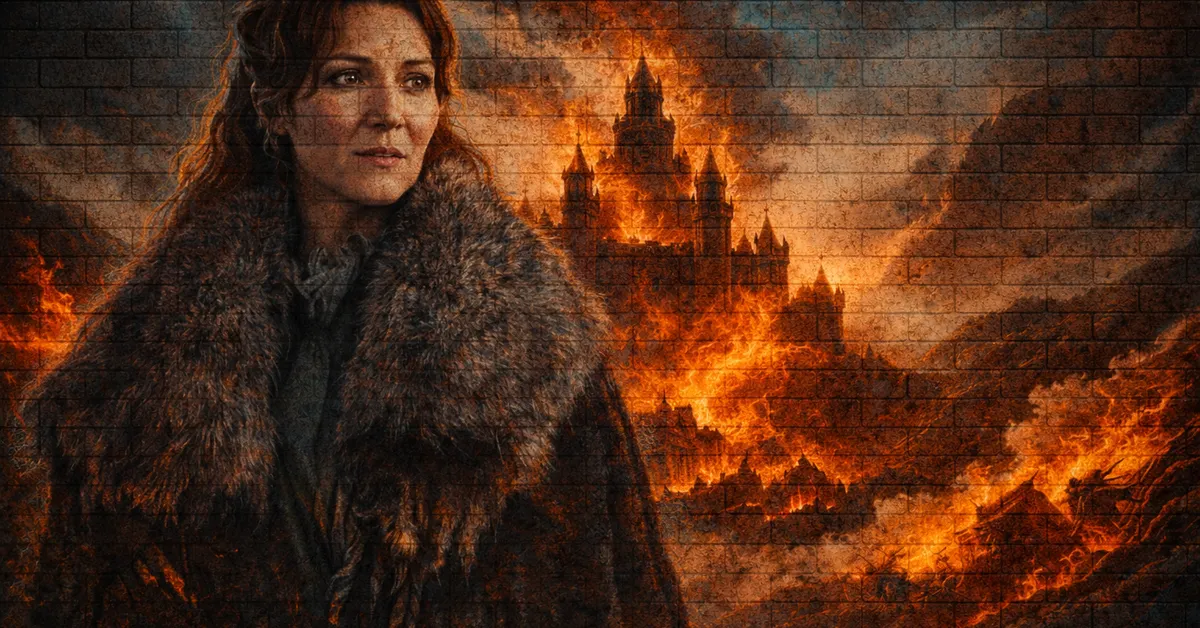Catelyn Stark thick auburn hair deep blue eyes in a simple grey gown with a blue red cloak fastened by a silver trout brooch with a burning castlet behind