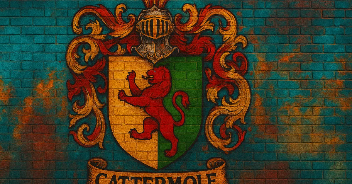 mural of the Cattermole Family crest, displaying a red lion rampant on a split yellow and green shield topped with a knight's helmet on a textured wall