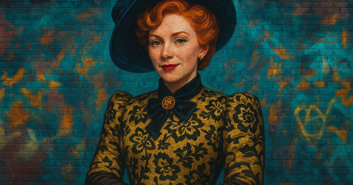 hyper-realistic street art of Cedrella Black, an elegant woman with red hair and freckles wearing a green floral dress and a stylish hat hinting at her marriage into the Weasley family