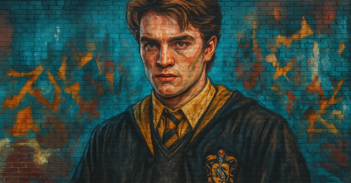 graffiti mural of Cedric Diggory, a handsome young wizard with grey eyes wearing yellow and black robes representing the brave Hufflepuff Triwizard Champion