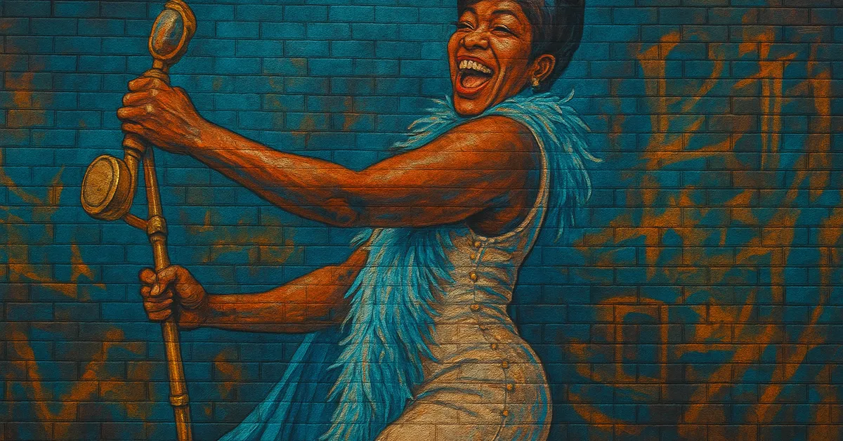 painting of Celestina Warbeck, the Singing Sorceress, belting out a song into a gold microphone while wearing a glamorous sequined dress and feather boa on a brick wall