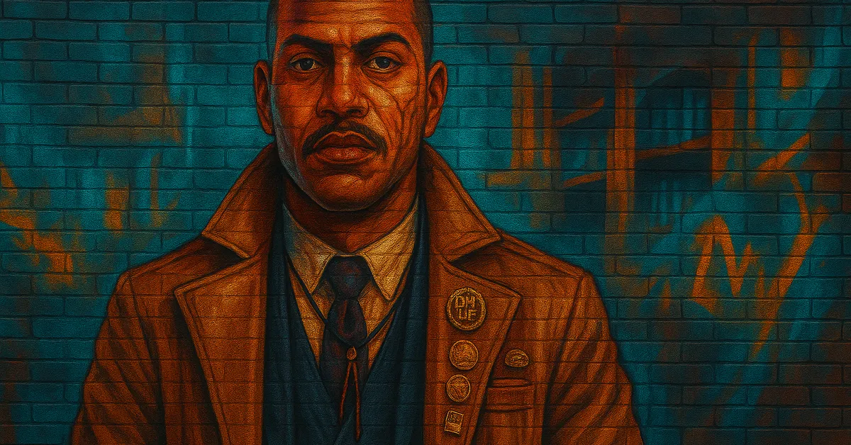 street art portrait of Cerberus Langarm, a stern wizard with a mustache wearing a brown coat adorned with multiple official badges on a textured wall