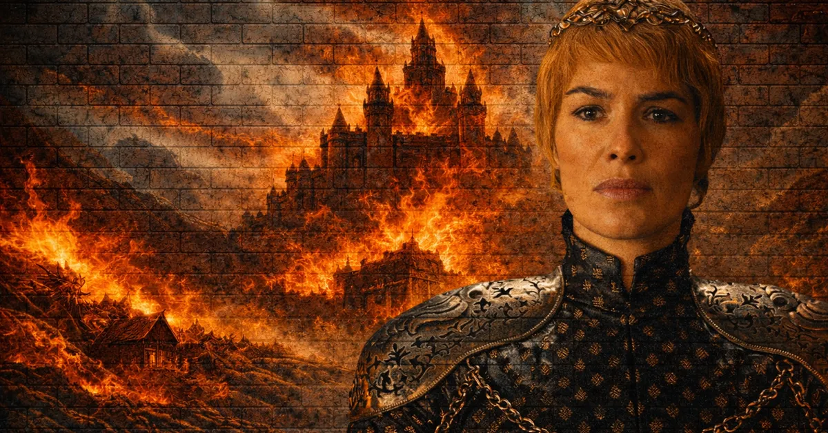Cersei Lannister in a black, royal dress, head poiece and short hair, looking stoic and royal as her castle is set alight and burns in the back ground