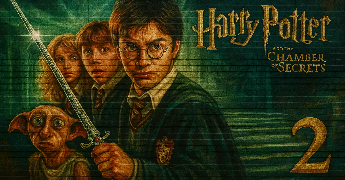 A mural of Harry Hermione Ron and Dobby with Harry holding the Sword of Gryffindor