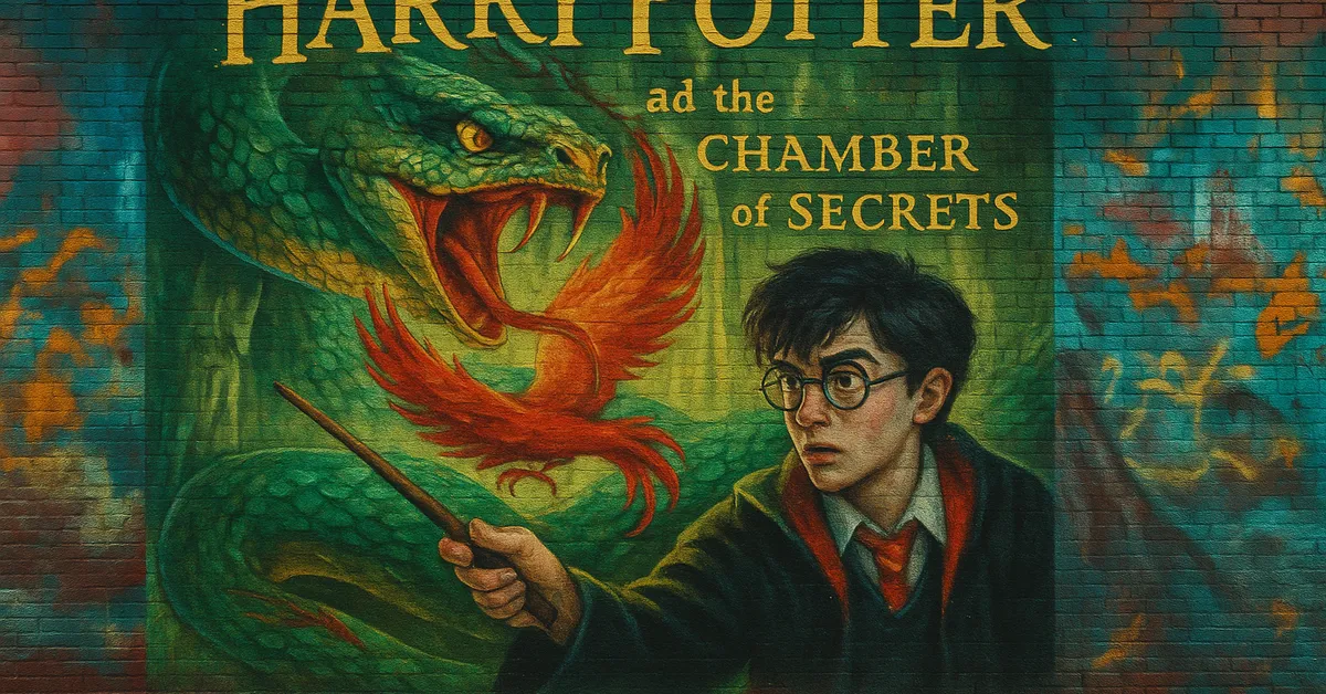 A mural of Harry Potter facing a giant serpent with a phoenix flying toward the creature