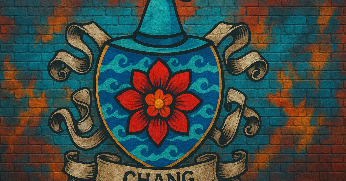 graffiti mural of the Chang Family crest, featuring a red flower on a blue shield with wave patterns topped by a wizard's hat painted on brick