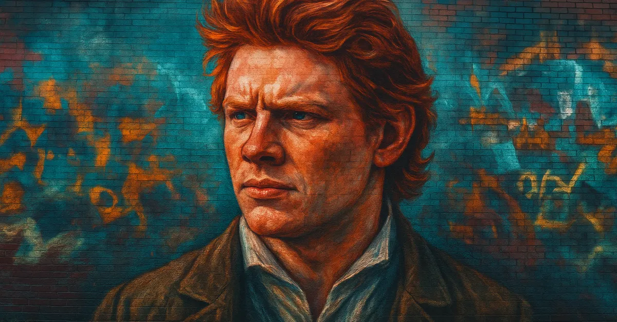 hyper-realistic street art of Charles Weasley, a rugged man with messy red hair and a weather-beaten face looking intensely into the distance typical of a dragon tamer