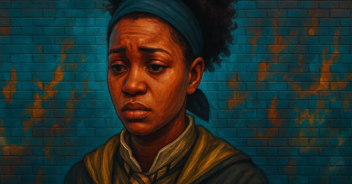 painting of Charlotte Morrison, a young witch with dark skin and a concerned expression wearing a yellow and black Hufflepuff tie