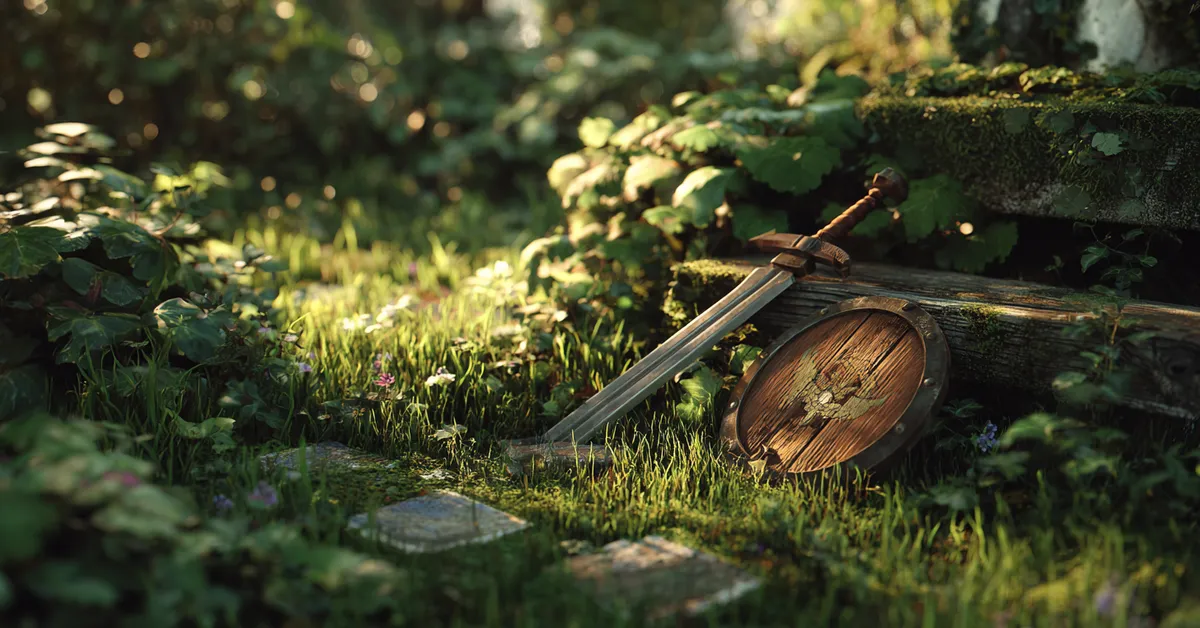 A child's crude wooden practice sword and painted shield lie in green grass under filtered sunlight in a peaceful courtyard before the onset of war