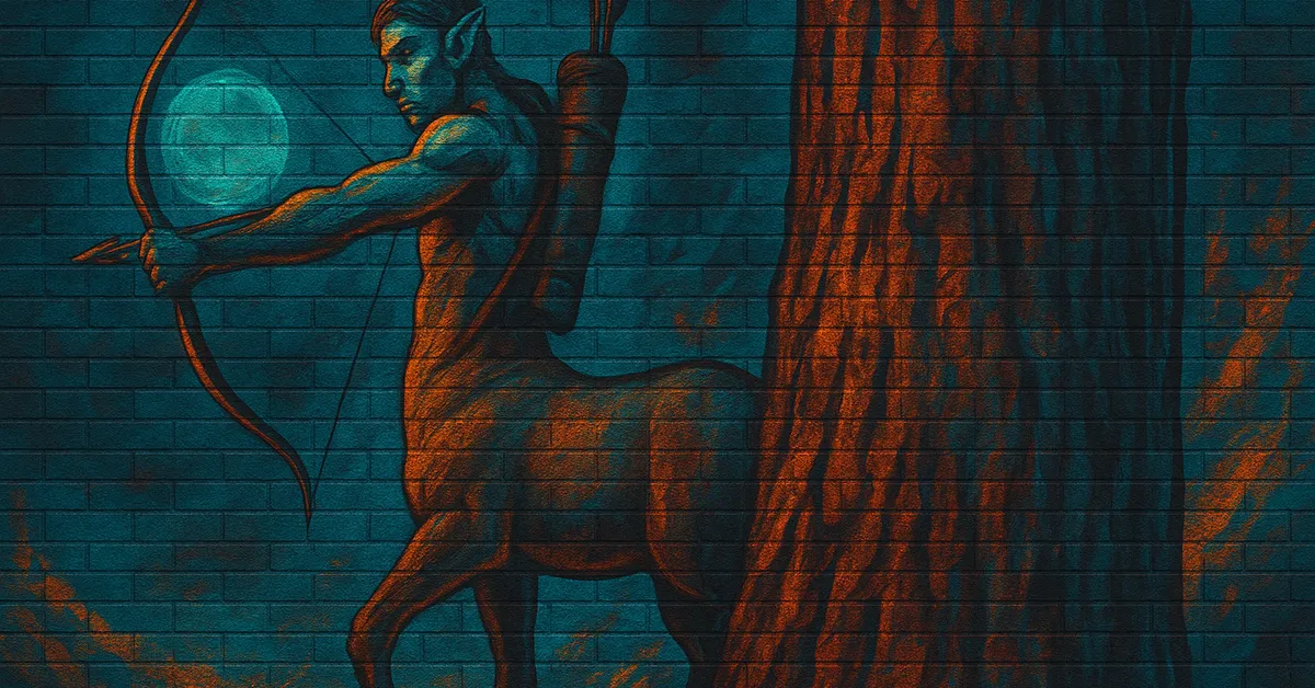 mural of Chiron The Centaur, a majestic figure with a human torso and horse body drawing a bow against a dark forest background on a brick wall