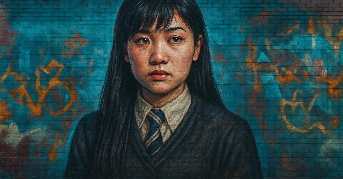 graffiti portrait of Cho Chang, a young Asian witch with long black hair and a sorrowful expression wearing a Ravenclaw uniform and tie