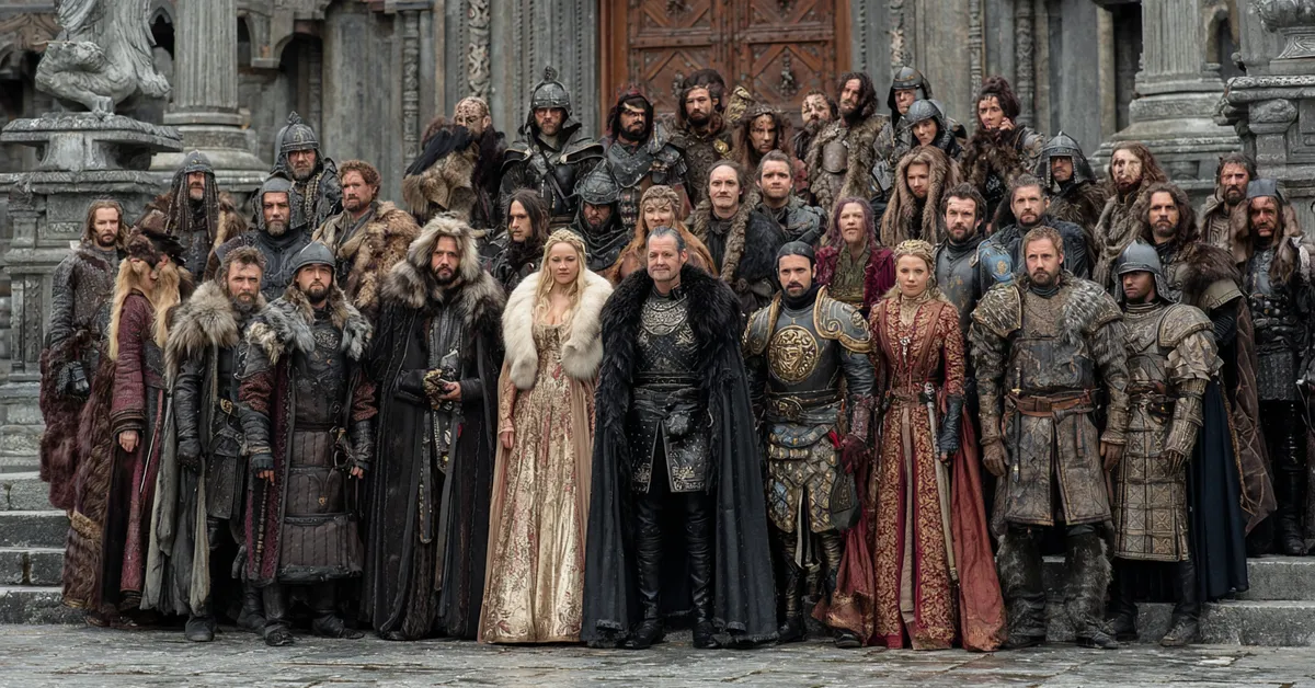 A wide cinematic photograph of a large ensemble cast standing on ancient castle steps dressed in varied costumes ranging from heavy northern furs to ornate southern silks