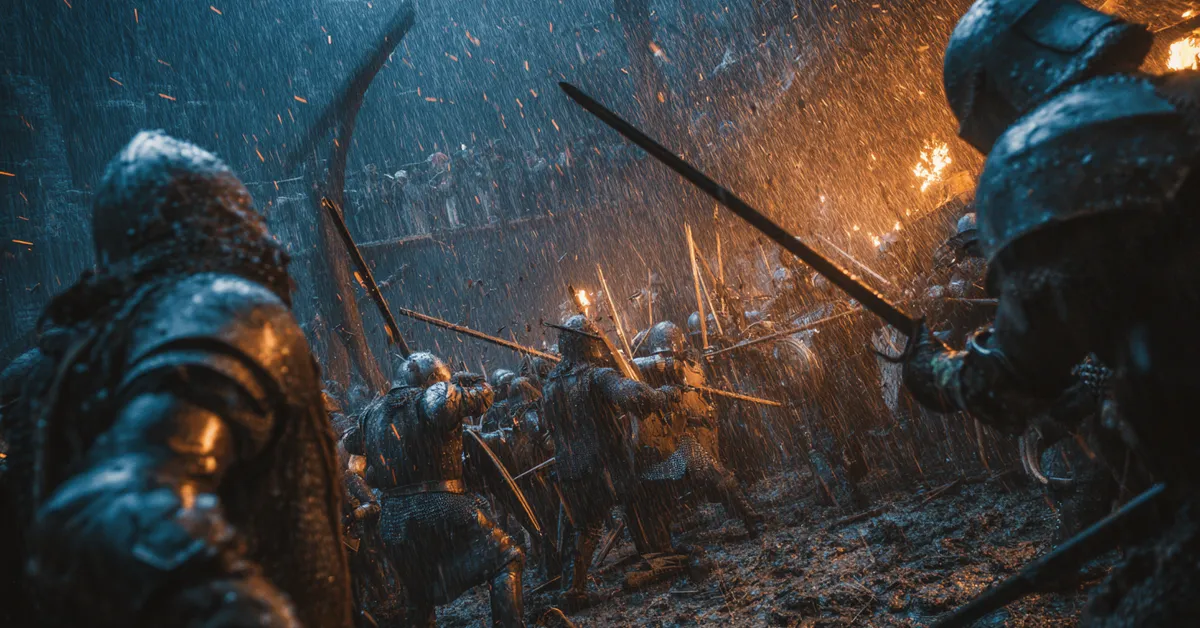 Knights clash in deep mud during a violent thunderstorm next to a burning bridge capturing the chaotic violence of the War of the Five Kings