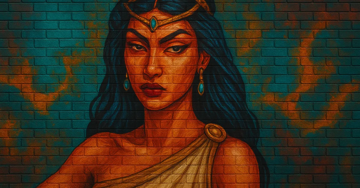 graffiti mural of Circe, depicted as a stunning sorceress with dark flowing hair and a gold diadem wearing ancient Greek robes against a teal brick background