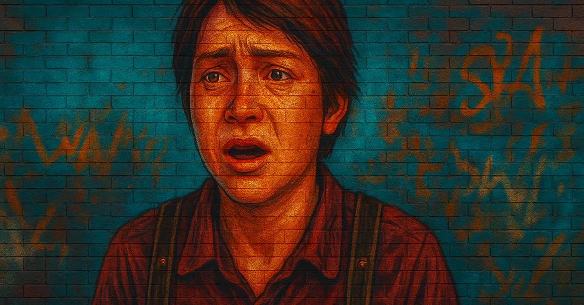 street art portrait of Claire Beaumont, a young person with short hair and a shocked expression wearing a red shirt and suspenders typical of a villager