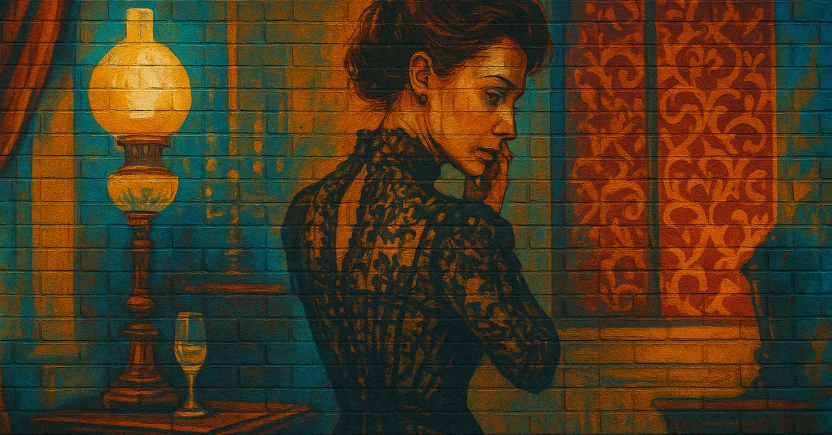 painting of Clarisse Tremblay, an elegant woman in a black lace dress looking pensively over her shoulder next to a glowing oil lamp