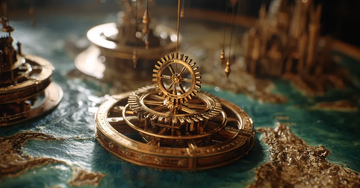 Intricate clockwork mechanical models of castles rise from a textured map under warm lighting mimicking the iconic opening sequence of the television series