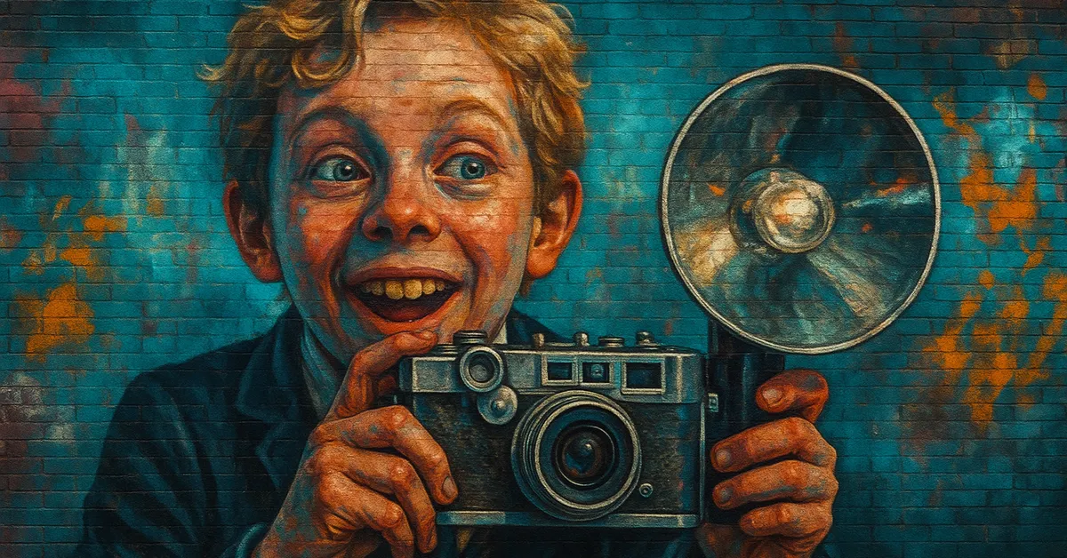 hyper-realistic mural of Colin Creevey, an excited young boy with messy hair gripping a large vintage camera with a massive flash bulb