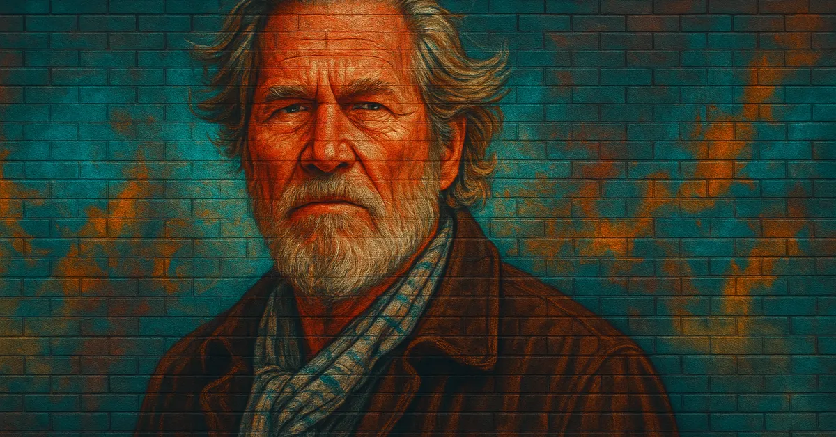 graffiti portrait of Colonel Fubster, a rugged elderly man with a thick grey beard and a scarf staring seriously from the wall