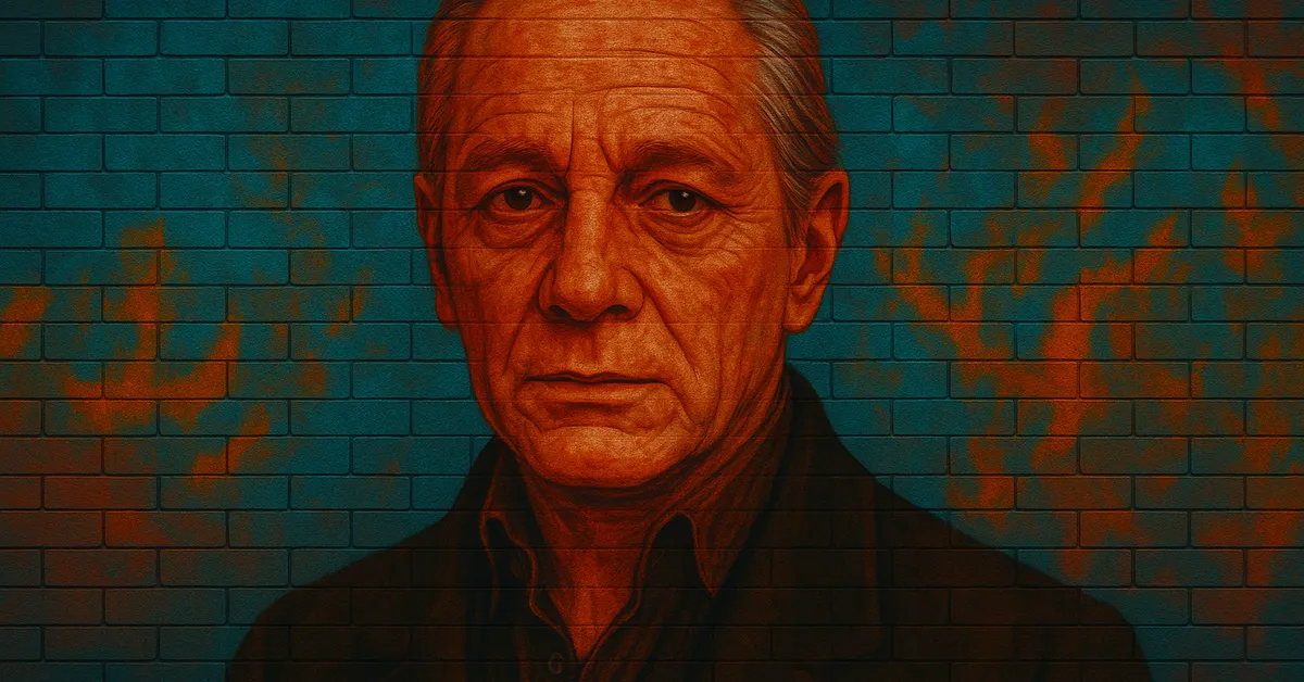 hyper-realistic street art of Corban Yaxley, a stern man with grey hair and a serious expression wearing a dark coat and collared shirt