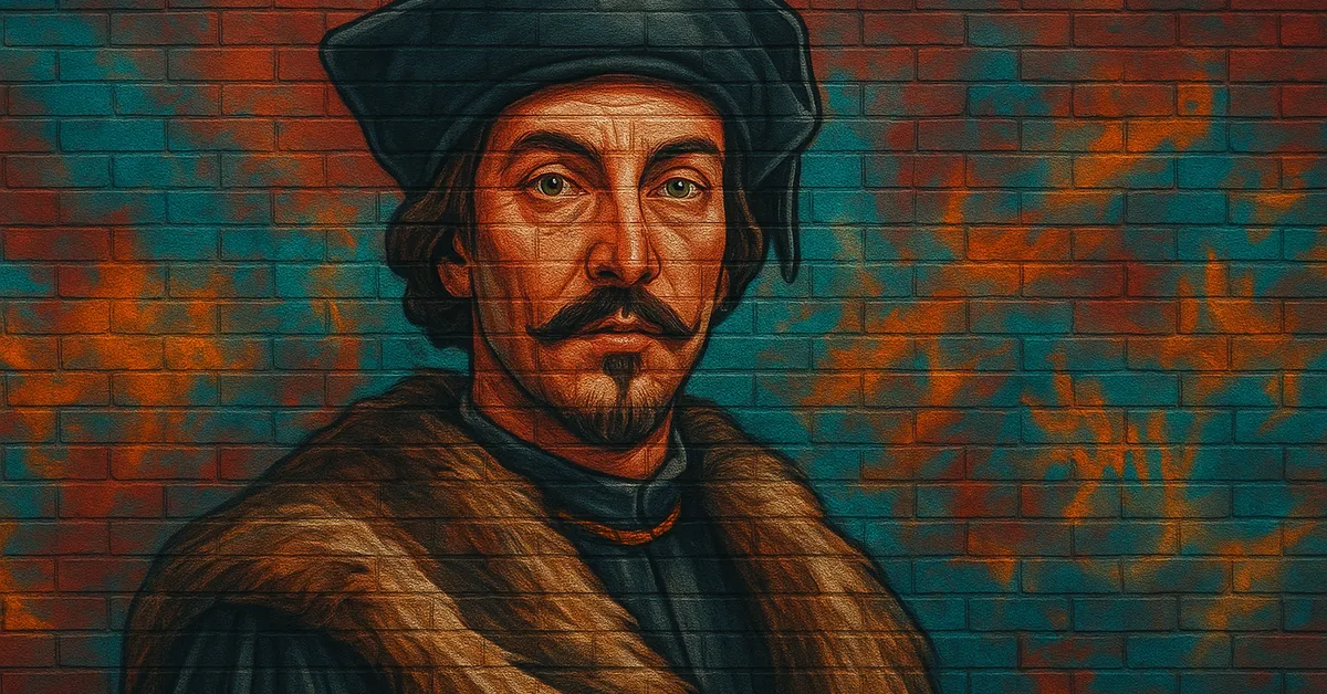 hyper-realistic street art of Cornelius Agrippa, a bearded man with a renaissance-style flat cap and fur-collared coat looking scholarly on a textured wall