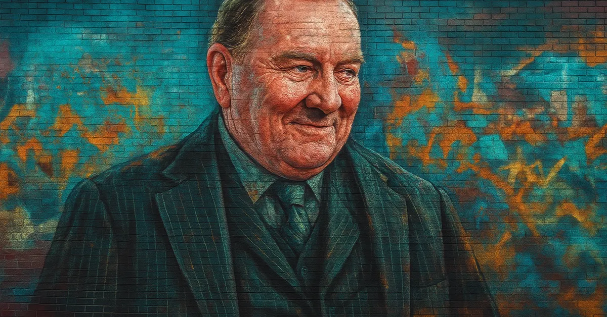 mural of Cornelius Fudge, a portly man with a flushed face and pinstripe suit smiling with the politician-like demeanor of the Minister for Magic