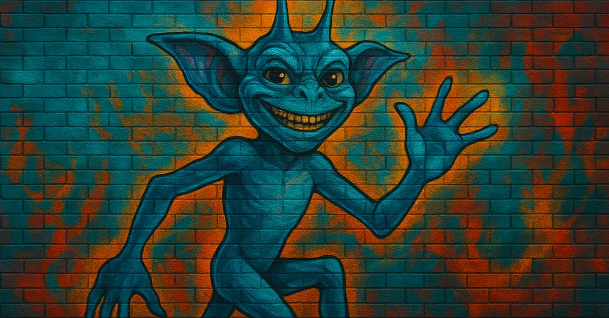 graffiti mural of a Cornish Pixie, depicted as a small electric blue creature with pointed ears and a mischievous grin posing against a brick background
