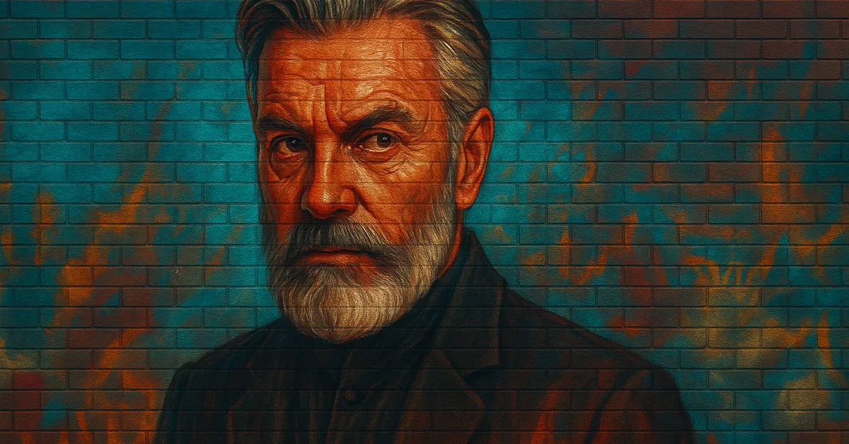 portrait of Corvus Lestrange IV, a stern older man with a groomed grey beard and dark coat staring intensely with the weight of his pure-blood lineage