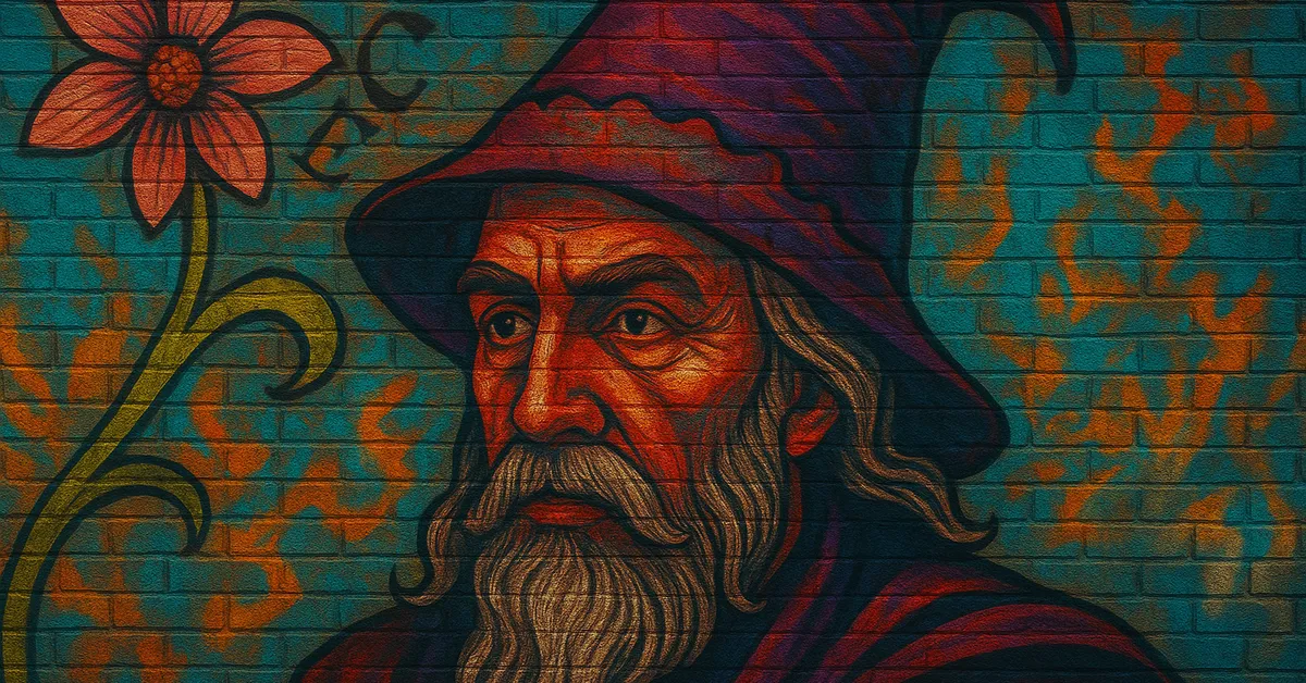 painting of Corvus Lestrange V, an elderly wizard with a long white beard and a purple pointed hat posing next to a stylized flower on a brick wall