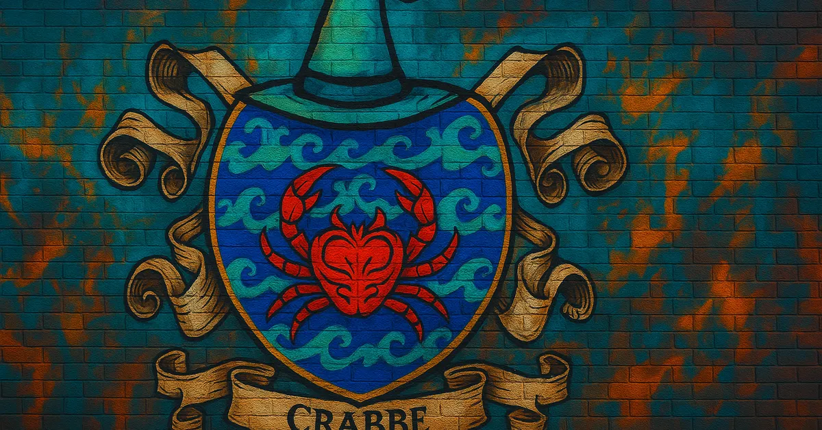 graffiti of the Crabbe Family crest, featuring a red crab on a shield of blue waves topped with a wizard's hat painted on a gritty surface