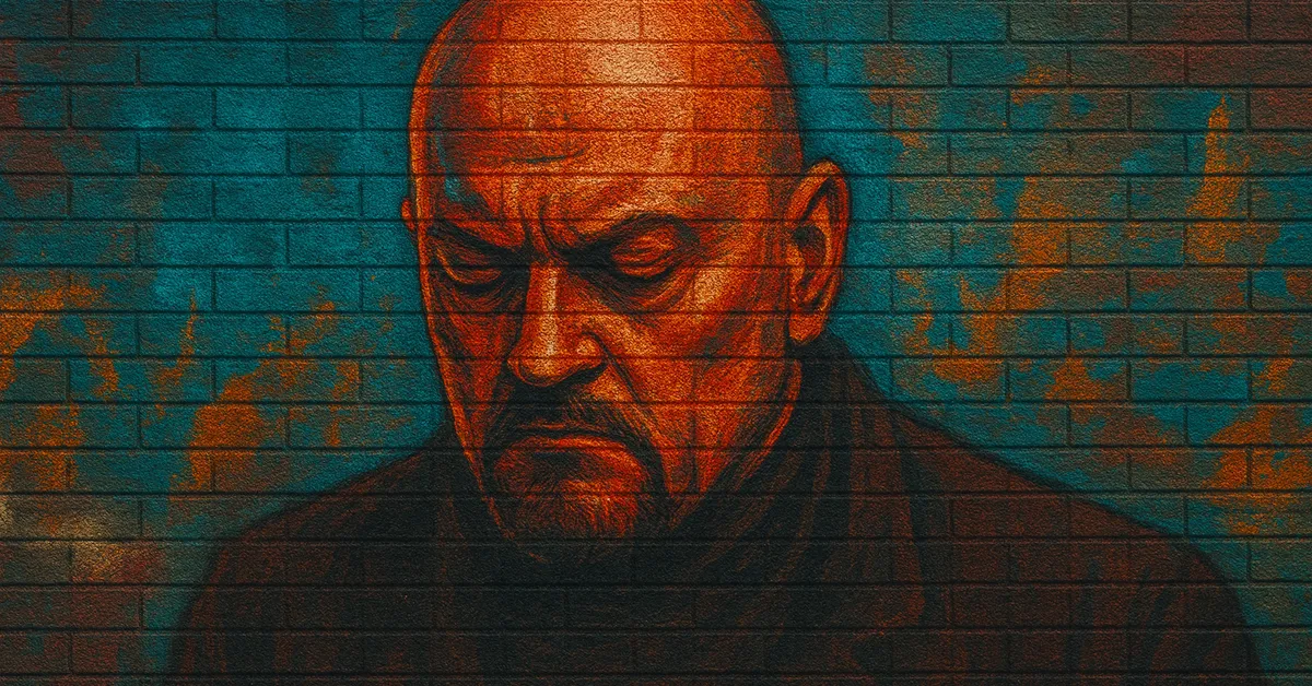 street art portrait of Crabbe Sr, a bald and burly man with a goatee looking downward with a menacing and heavy-set expression