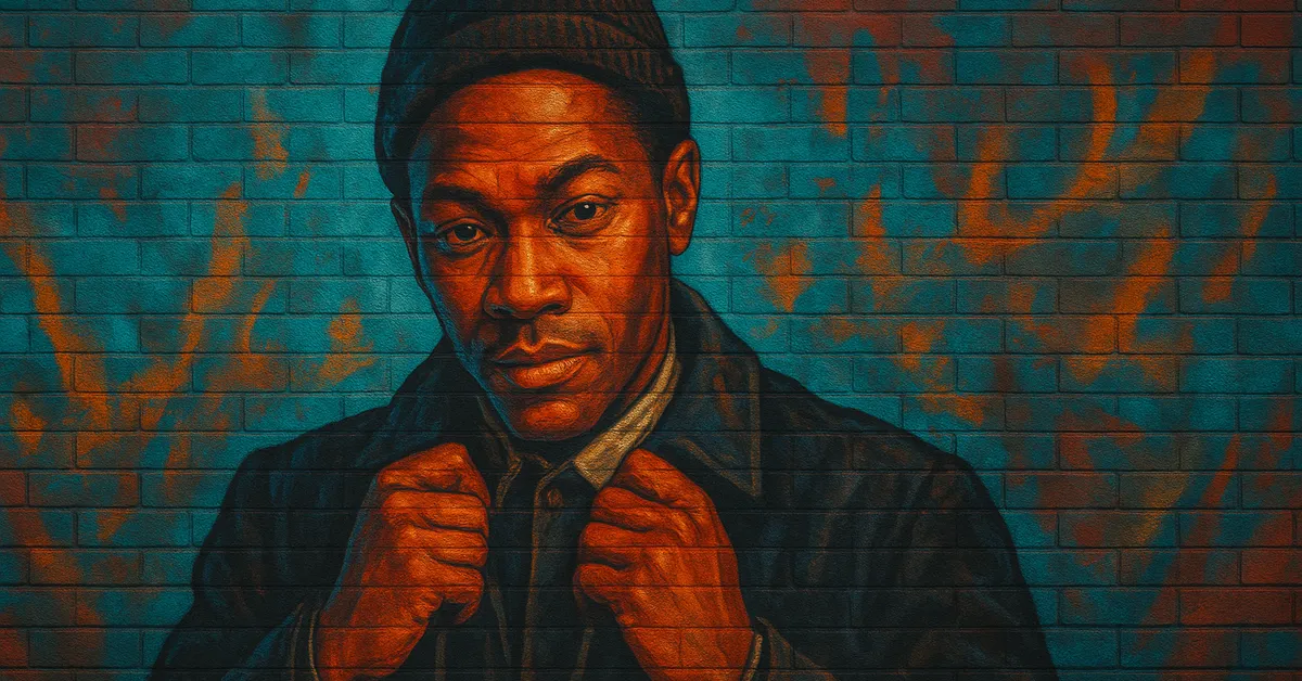 mural of Craig Bowker Jr, a young student wearing a beanie hat and denim jacket clutching his collar with a worried expression