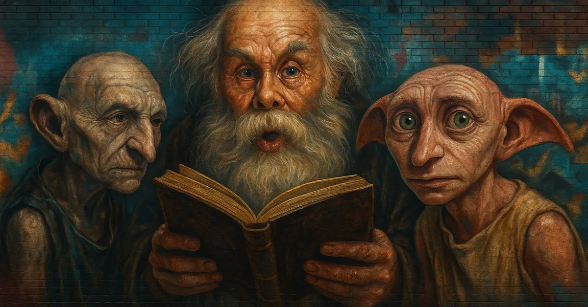 A mural of an elderly wizard reading from an open book with two house elves flanking him one looking tired and the other wide eyed