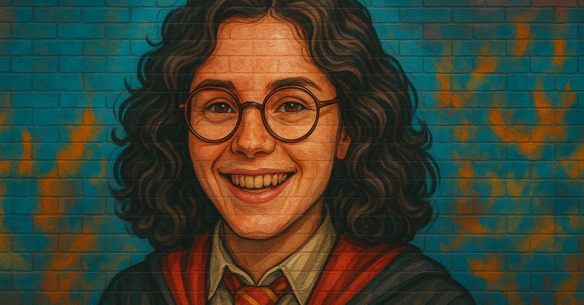 hyper-realistic painting of Cressida Blume, a young witch with wild curly hair and round glasses beaming with a wide smile in her Gryffindor tie