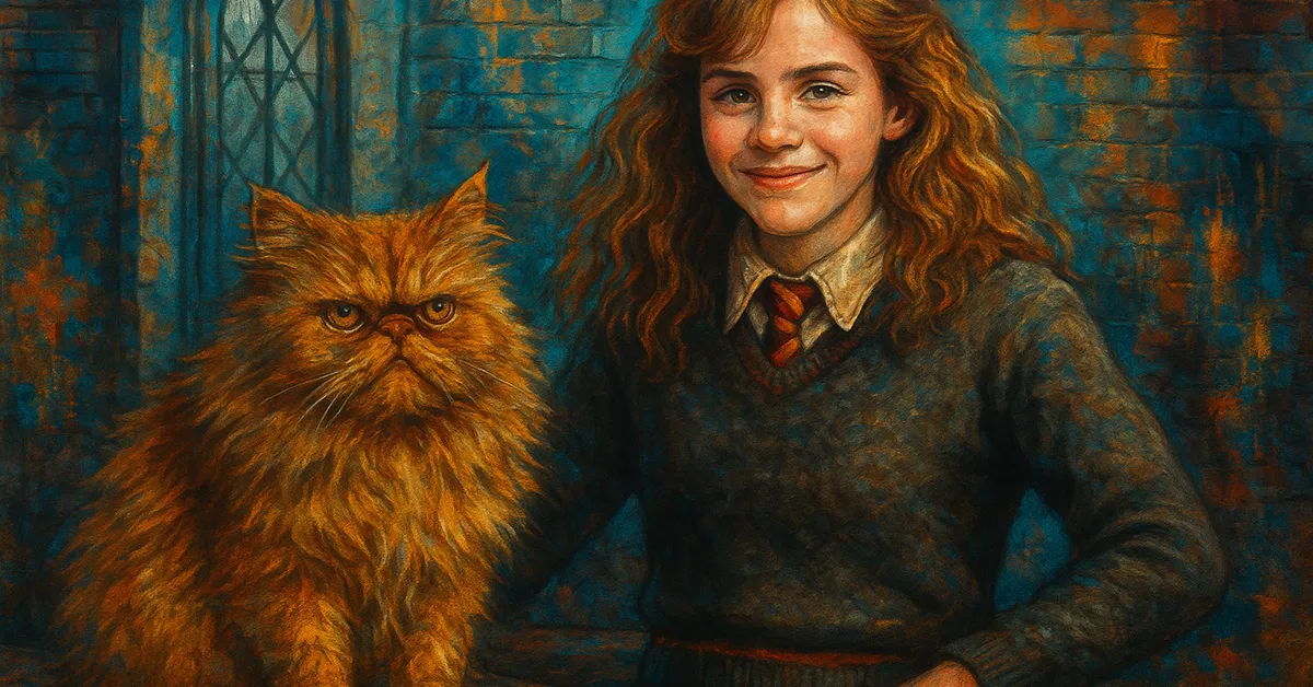 graffiti mural of a large fluffy ginger cat with a grumpy expression sitting next to a smiling young witch with bushy brown hair and a school uniform on a brick wall