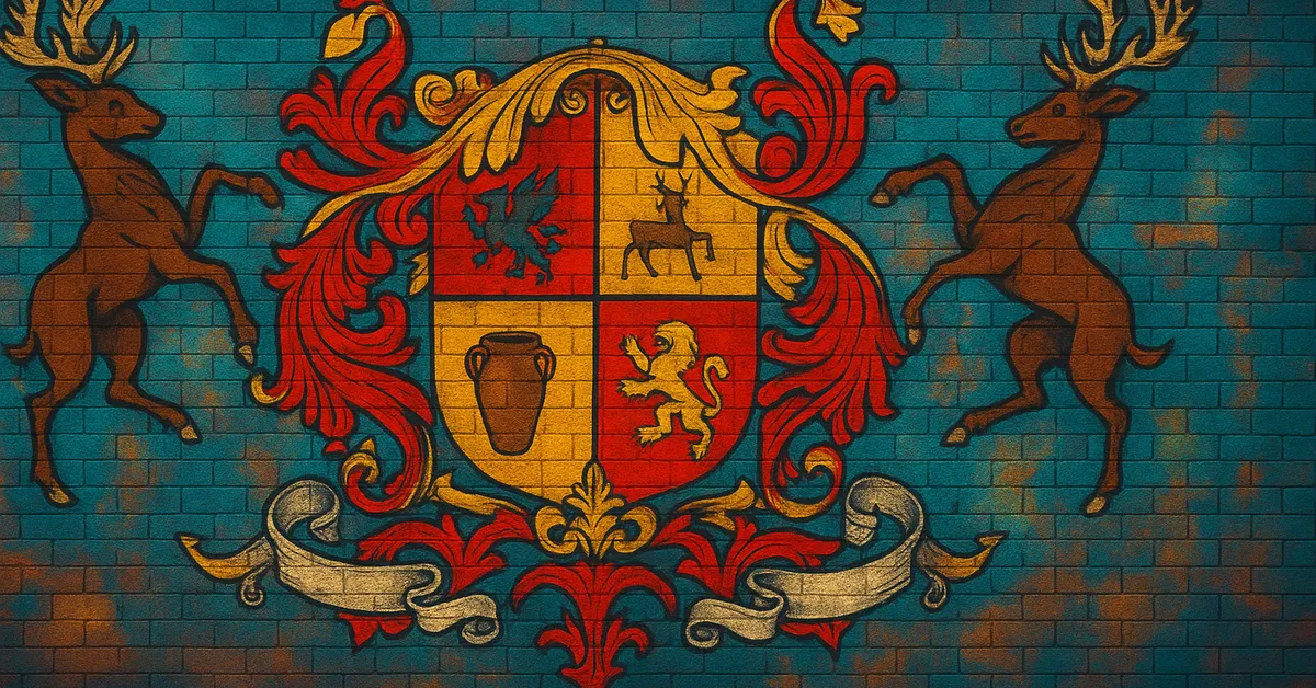 street art of the Crouch Family crest, featuring a shield with a stag, lion, and urn flanked by two deer supporters and topped with a helmet painted on a textured wall