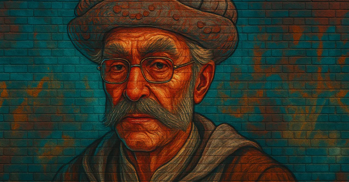 hyper-realistic portrait of Cuthbert Binns, depicted as a spectral elderly wizard with a thick mustache and wire-rimmed glasses wearing a turban-like hat